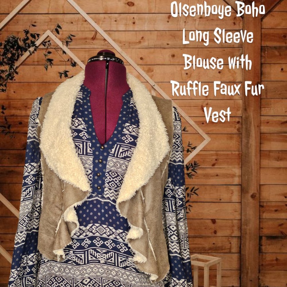 Olsenboye Long Sleeve Semi Sheer‎ Boho Blouse with Ruffle Faux Fur Vest Size Lrg